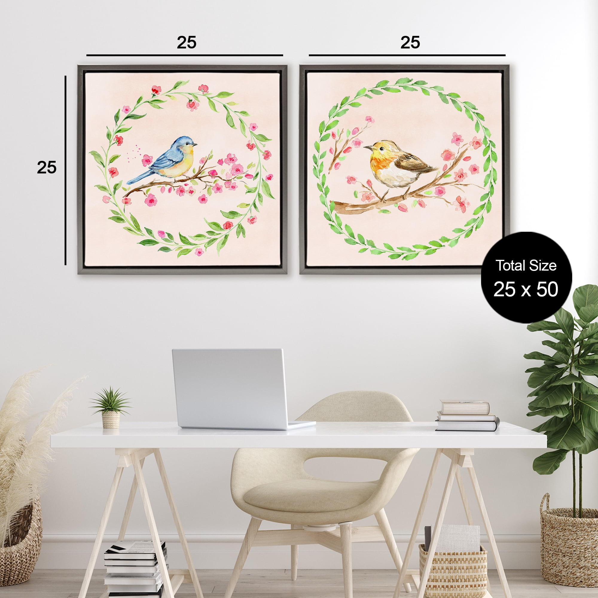 Spring Branches & Wreath Birds 2 Piece Gray Framed Floater Canvas Set, design by Elena Fay