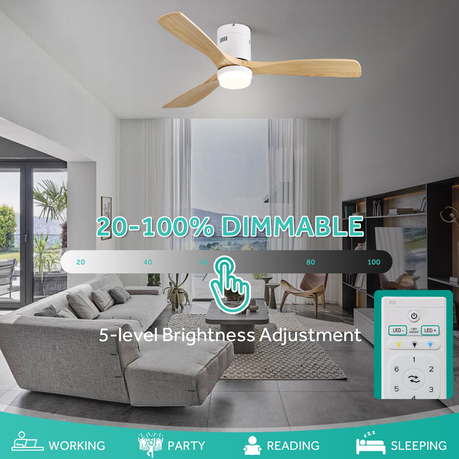 Sofucor 52" Flush Mount Cool Ceiling Fans with Dimmable Light and Remote Control, 3 Light Brown Blades