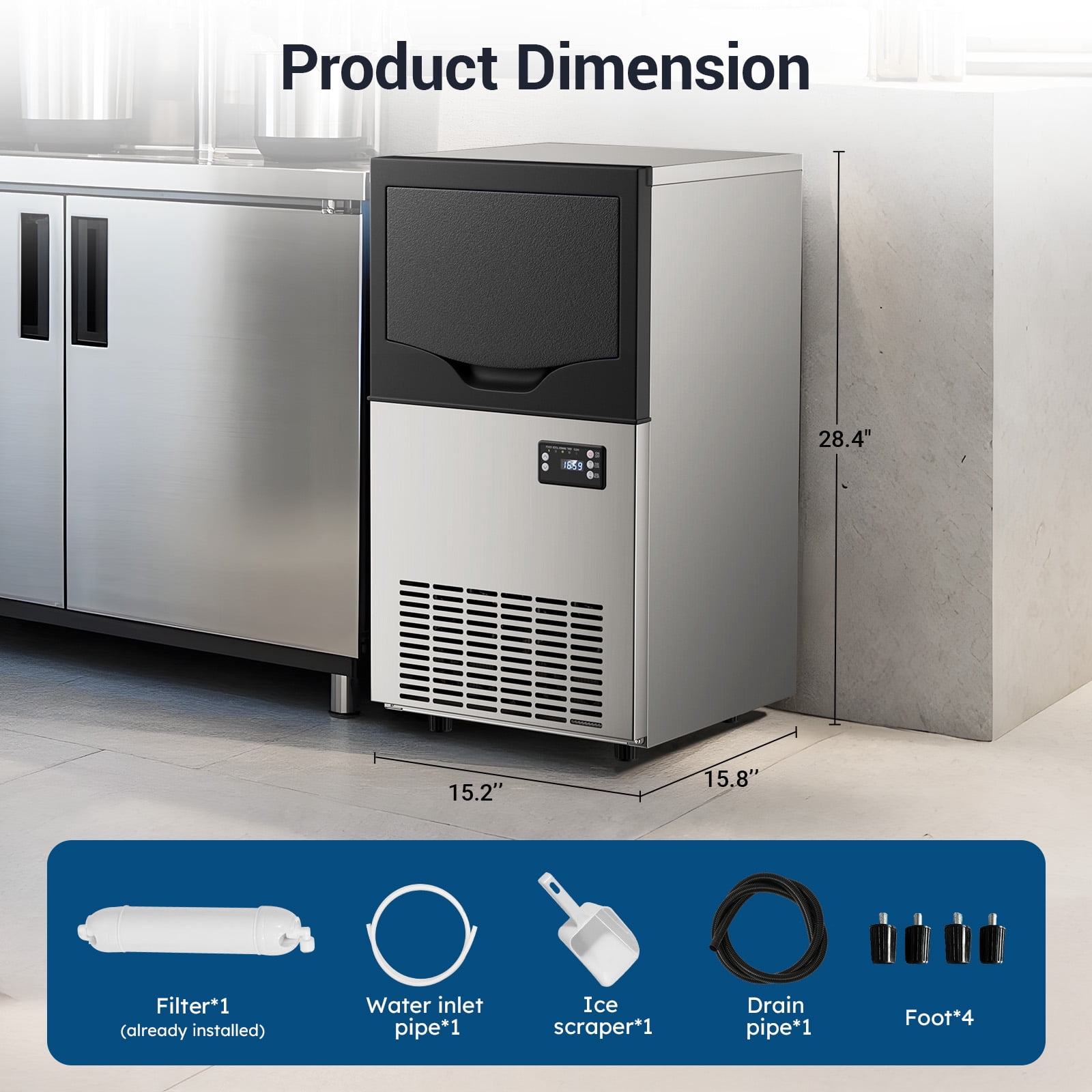 Ecojoy Commercial Ice Maker, 100Lbs/24H Under Counter Ice Machine, 33LBS Storage Bin