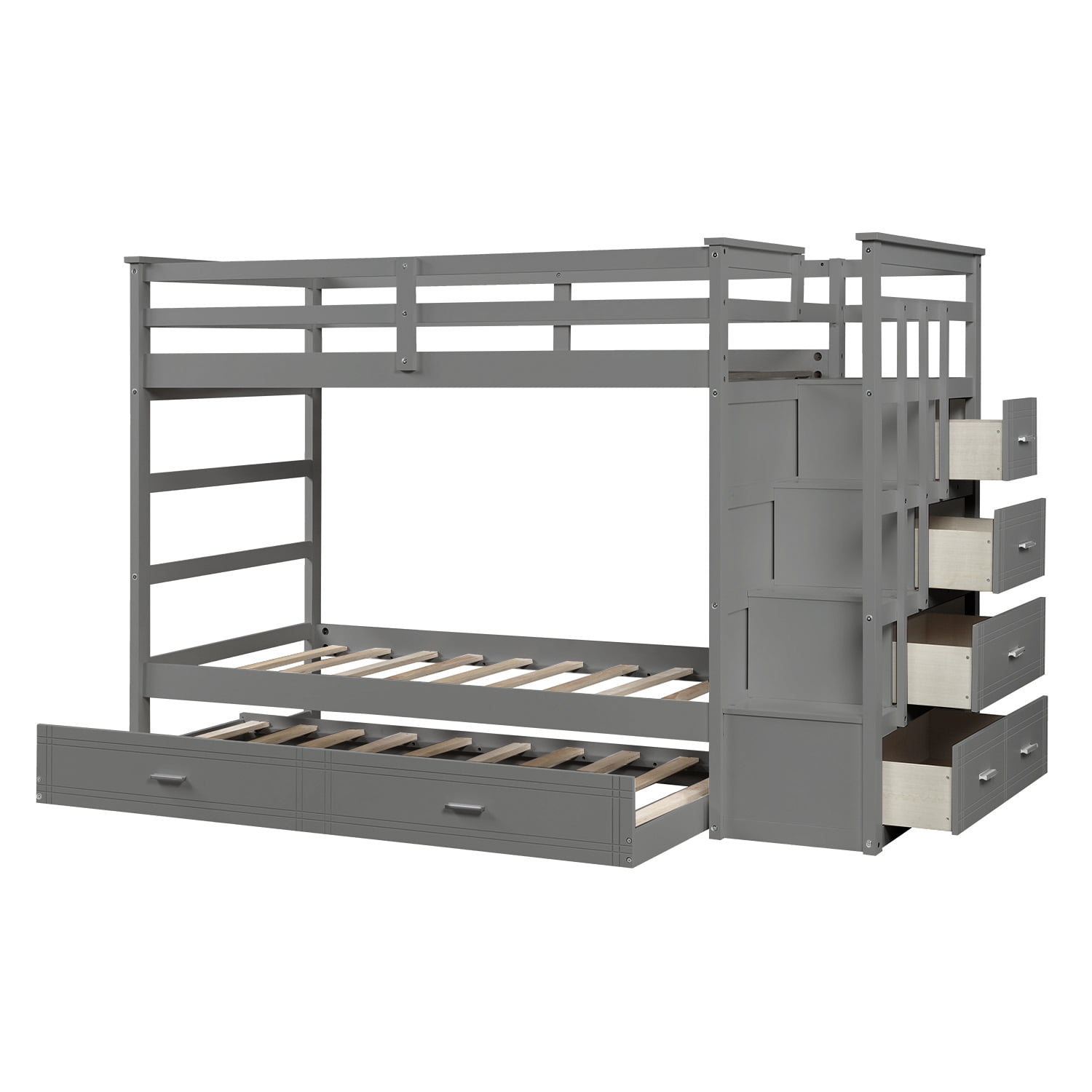 Kepooman Twin Over Twin Solid Wood Bunk Bed with Trundle & Staircase & Drawers for Bedroom, Gray Kepooman Twin Over Twin Solid Wood Bunk Bed with Trundle & Staircase & Drawers for Bedroom, Gray