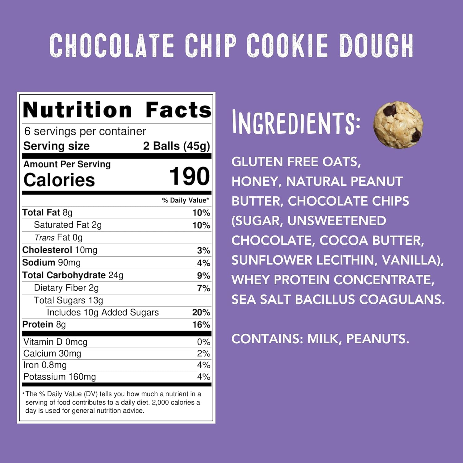 SimplyFUEL Whole Food Protein Balls with Probiotics - Chocolate Chip Cookie Dough Protein Snacks - 8g Protein Snack - Gluten Free Energy Balls , 2 Pack of 12 Balls