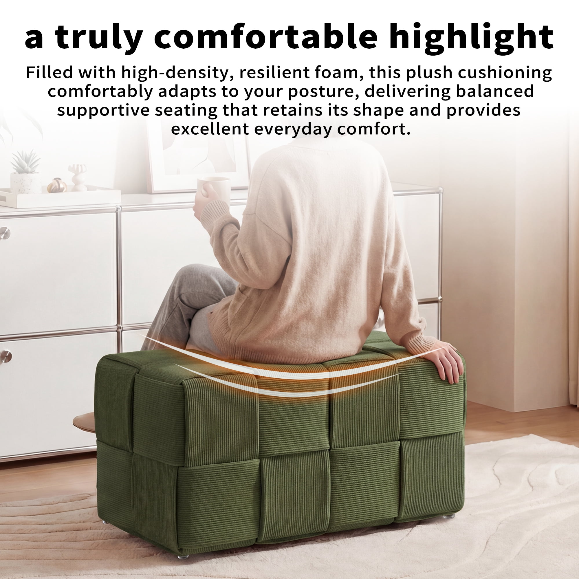 Corduroy Ottoman Foot Rest, Square Upholstered Stool with High-Density Foam and Wood Frame, 300 Lbs Capacity, Multi-Purpose Footstool for Living Room Bedroom Nursery, Green