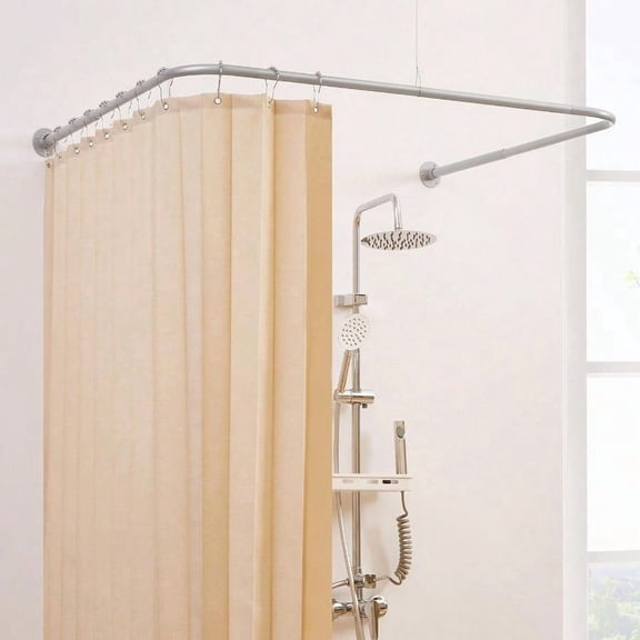 Adjustable U-Shaped Corner Shower Curtain Rod with Ring Hooks and Ceiling Support, Silver Gray