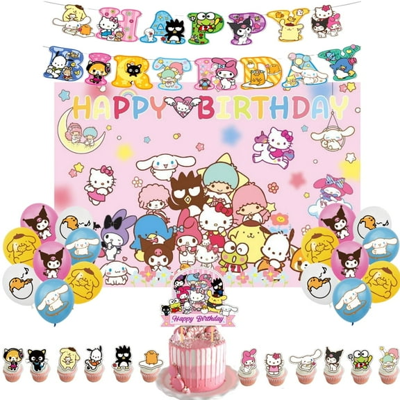 Birthday Party Supplies Set with Hello Kitty Sanrio Themed, Including Happy Birthday Banners,Background Flag,Cupcake Toppers, Balloons, Party Decor Kit.