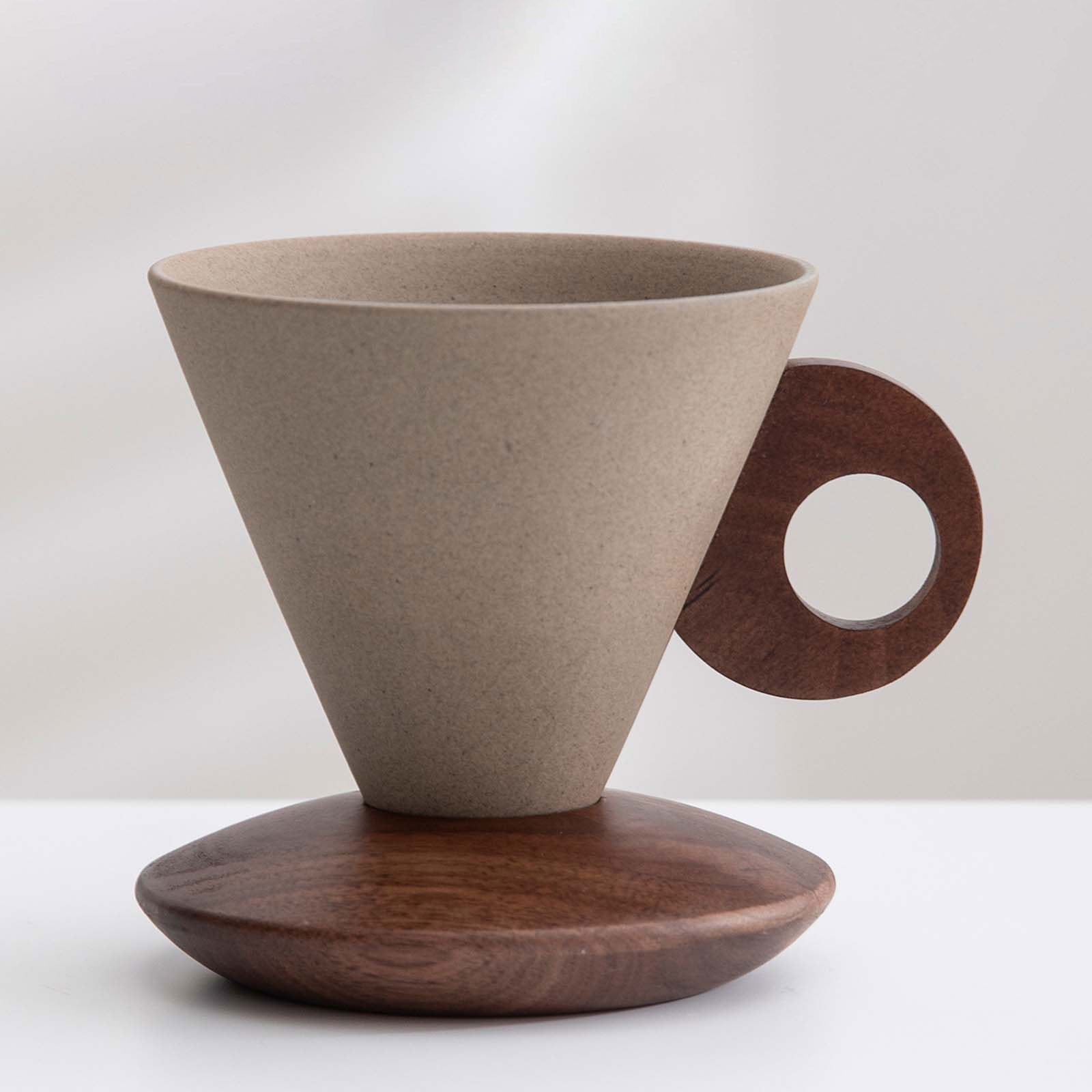 Elegant Conical Ceramic Coffee Cup with Solid Wood Base, Vintage Coarse Pottery Funnel-Shaped Mug for Home, Handcrafted Heat-Resistant Tea Coffee Cup, Pour-Over Espresso Brewing Mug, 200ml