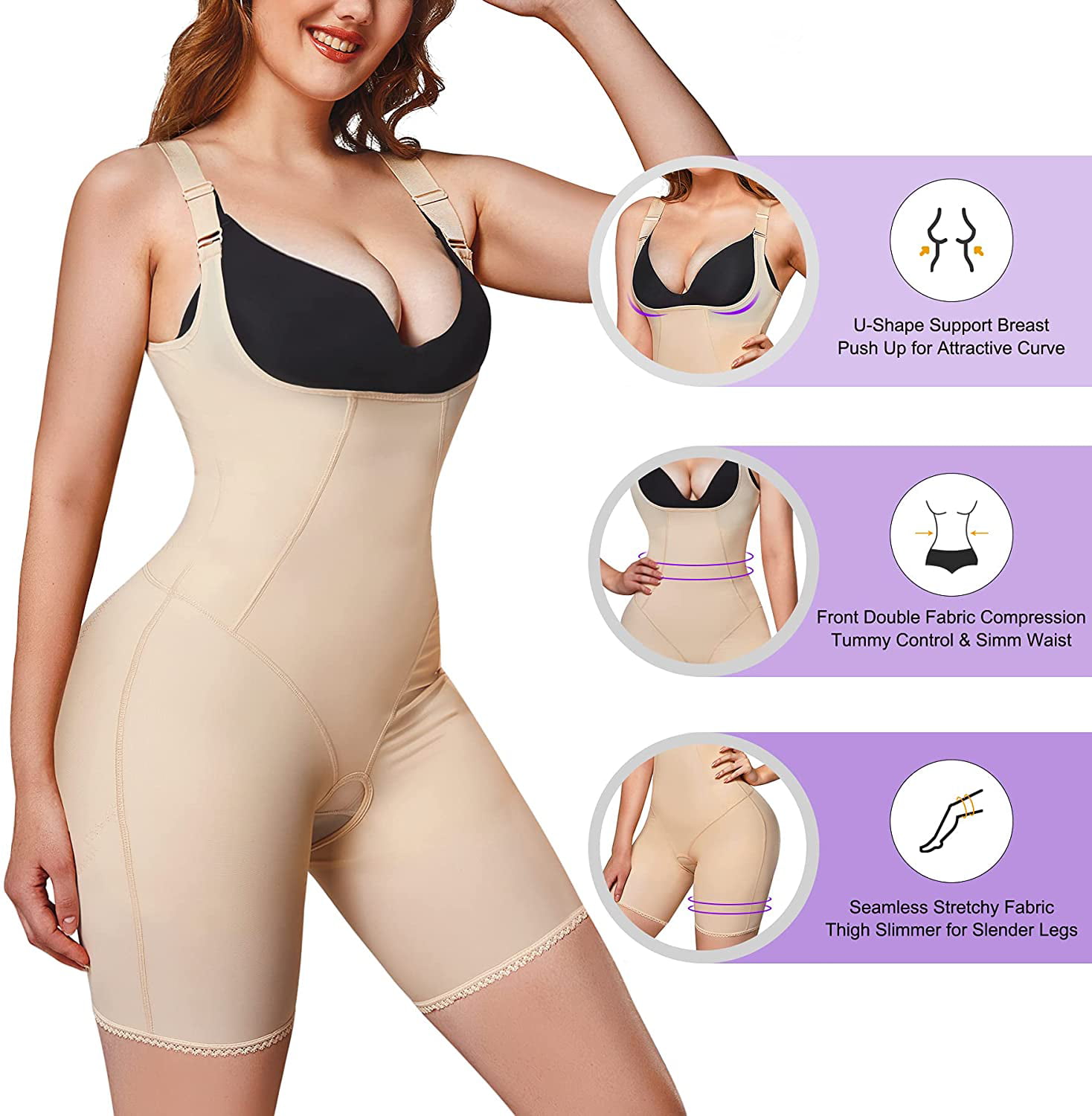 Irisnaya Shapewear Bodysuit for Women Waist Trainer Tummy Control Slimming Body  Shaper Butt Lifter Sexy Bodysuits Open Bust Panty Girdle(Beige 3X-Large) 