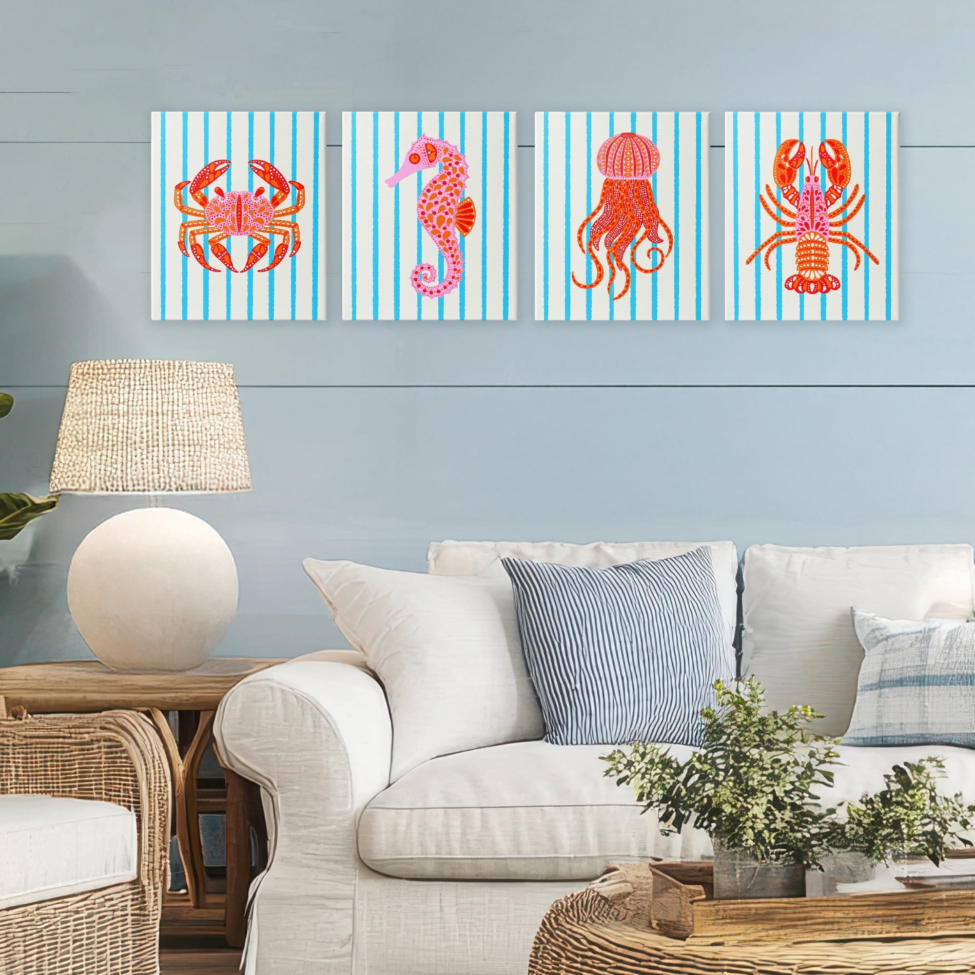 Stupell Industries Bright Sea Creatures on Stripes 4 Piece Canvas Wall Art Set, design by Indira Prieto | IndySign