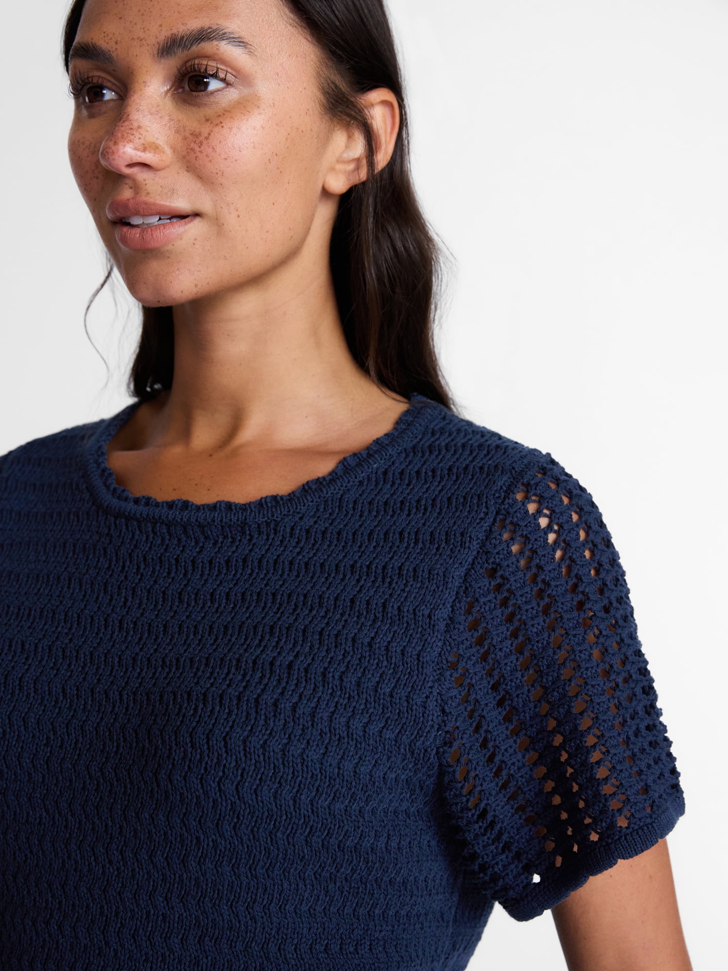 Time and Tru Women's Textured Crewneck Sweater with Short Sleeves, Lightweight, Sizes XS-XXXL