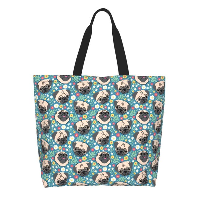 Fotbe PUG HEAD And Flower Bolsa Tote Estética de Lona con Estampado para Mujer - Bolsa Reutilizable de Hombro Casual para Vacaciones, Compras, Trabajo y Gimnasio