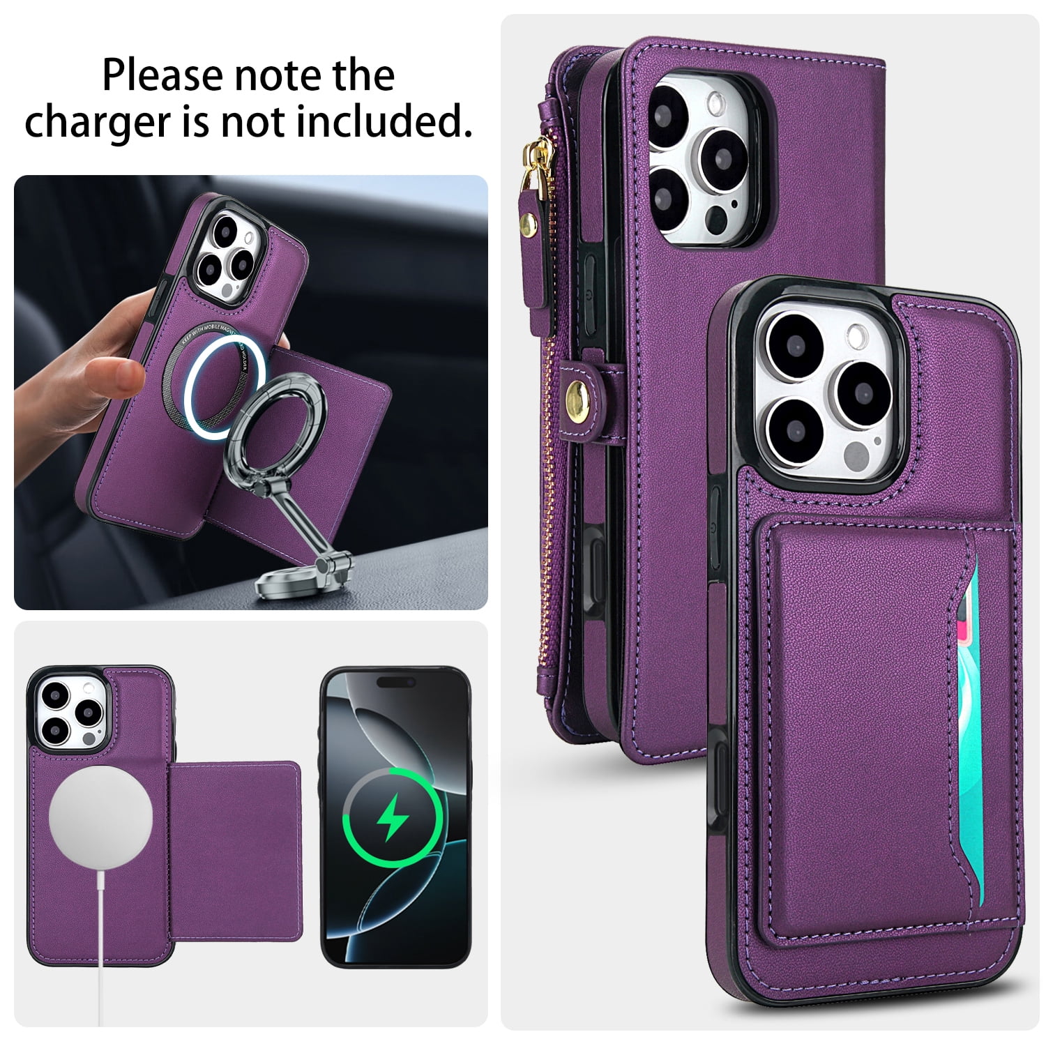 Designed for iPhone 15 Pro Multi-Function Wallet Phone Case,With Shoulder Strap&Wrist Strap,Cash Pocket&Card Slots,Zipper Purse,Magnetic Detachable PU Leather Flip Phone Case,Purple
