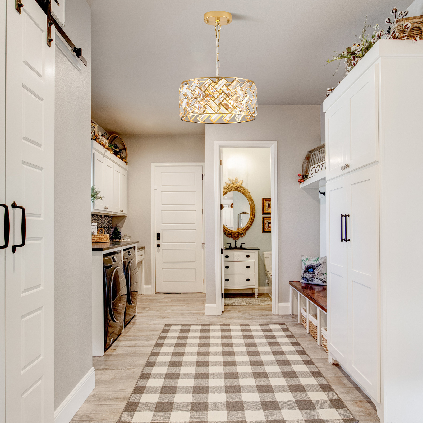 Modern Gold Crystal Chandeliers, Small Semi Flush Mount Chandelier 4-Ligh 12'' Drum Crystal Pendant Light Fixture for Foyer Entryway Kitchen Hallway Dining Room