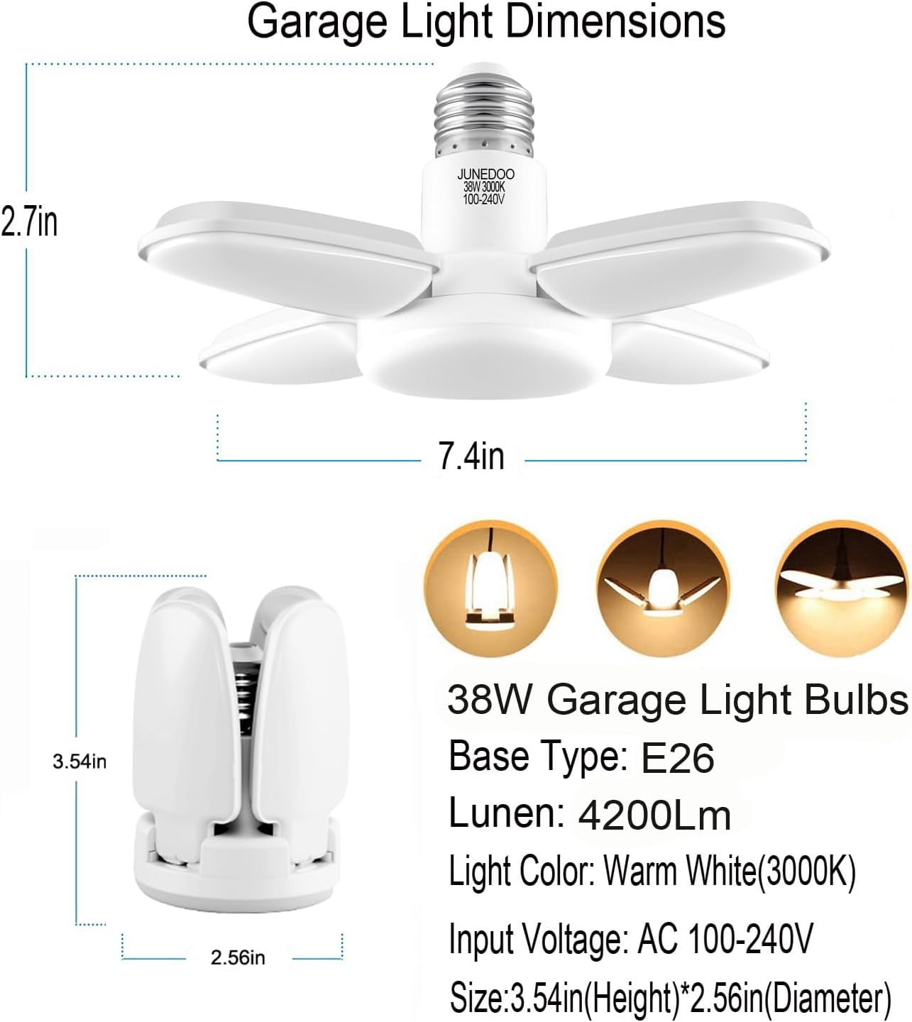 FEFEFW-LED Garage Light 38W,E26 Edison Screw Bulbs,3000K Warm White,4200Lm,300W Incandescent Bulbs Equivalent,No Dimmable,Pack of 2