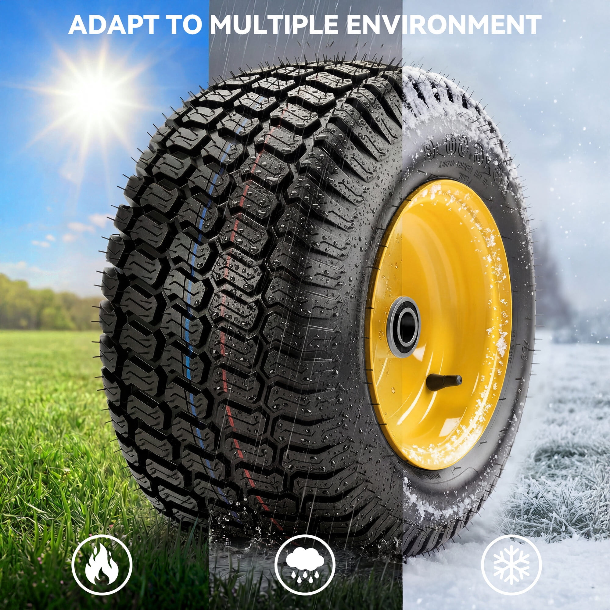 Uforic 16x6.50-8 Flat-Free Lawn Mower Tire and Wheel Assembly, 4-Ply Front Replacement Tire, 3 in Offset Hub, 3/4 in Bushing, 620 lb Capacity, 2-Pack