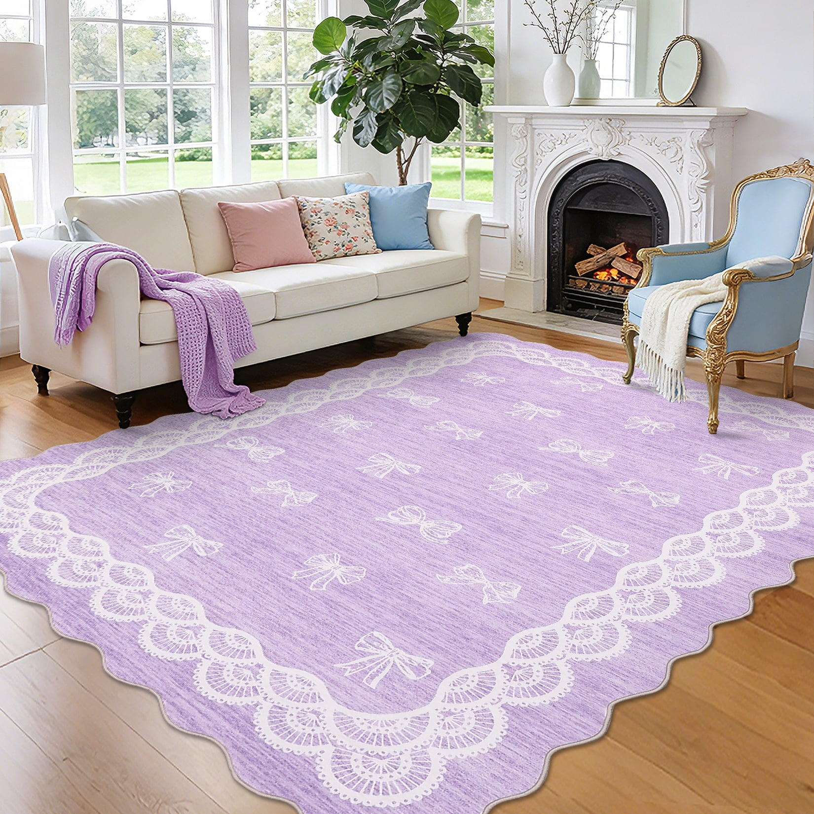 Garvee 8x10 Wave Border Area Rug Coquette Bow Pattern Carpet, Machine Washable Low Pile Rug with Non-Slip Backing for Living Room Bedroom Home Office, Purple