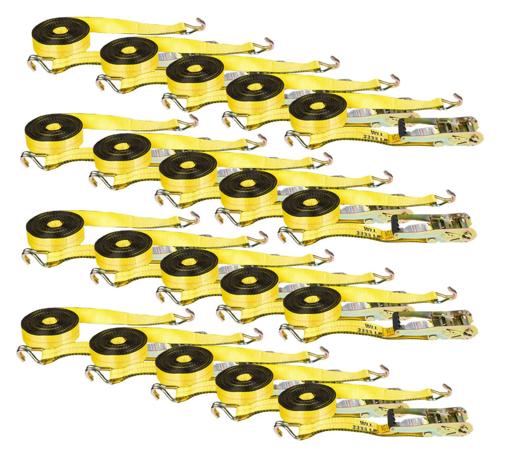 20 Pack 2 Inch x 30 FT Yellow Ratchet Strap with J Hooks - 10,000 Lbs Breaking Strength - Heavy Duty Tie Down Cargo Truck Straps with Wire Hooks for Flatbed, Truck, Trailers Pickup