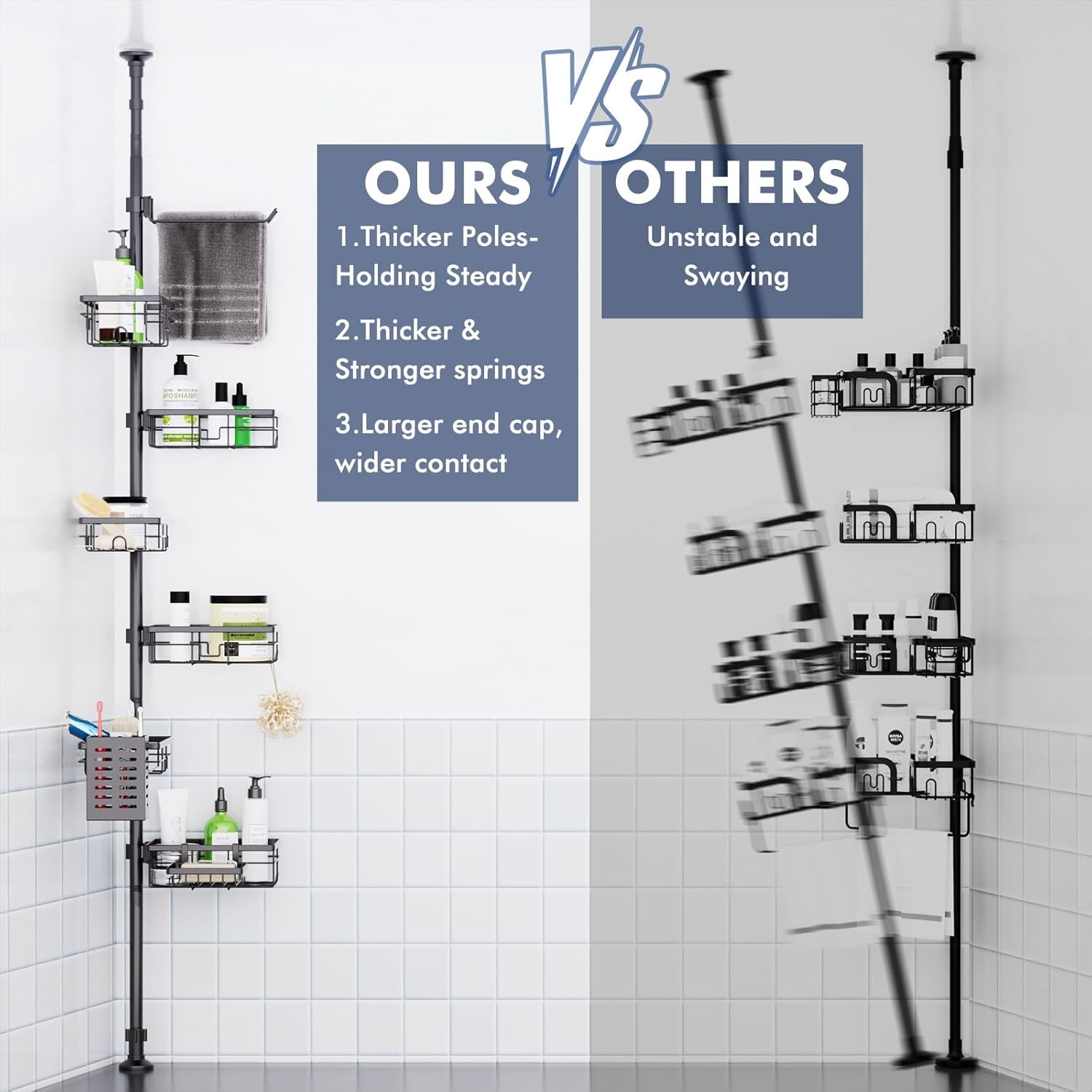 Shower Caddy Organizer Tension Pole, Rustproof 6-Pack Corner Shelf with 30-120 Inch Adjustable Shower Rack for Inside Shower, Extra Towel Bar & Soap Dish for Bathroom Organizers and Storage, Black
