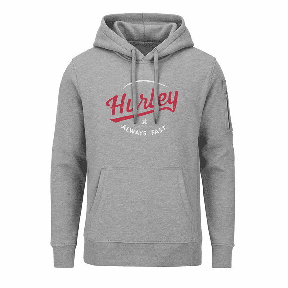 Hurley Men’s Grey Fleece Hoodie – Large – Soft Cotton Blend, Red Logo, Sleeve Pocket, Metal-Tip Drawstring