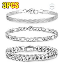 3 Pc Chain Bracelet for Men Women, S925 Sterling Silver Cuban Herringbone Figaro Link Chain Wrist Bracelets Set Jewelry Gifts