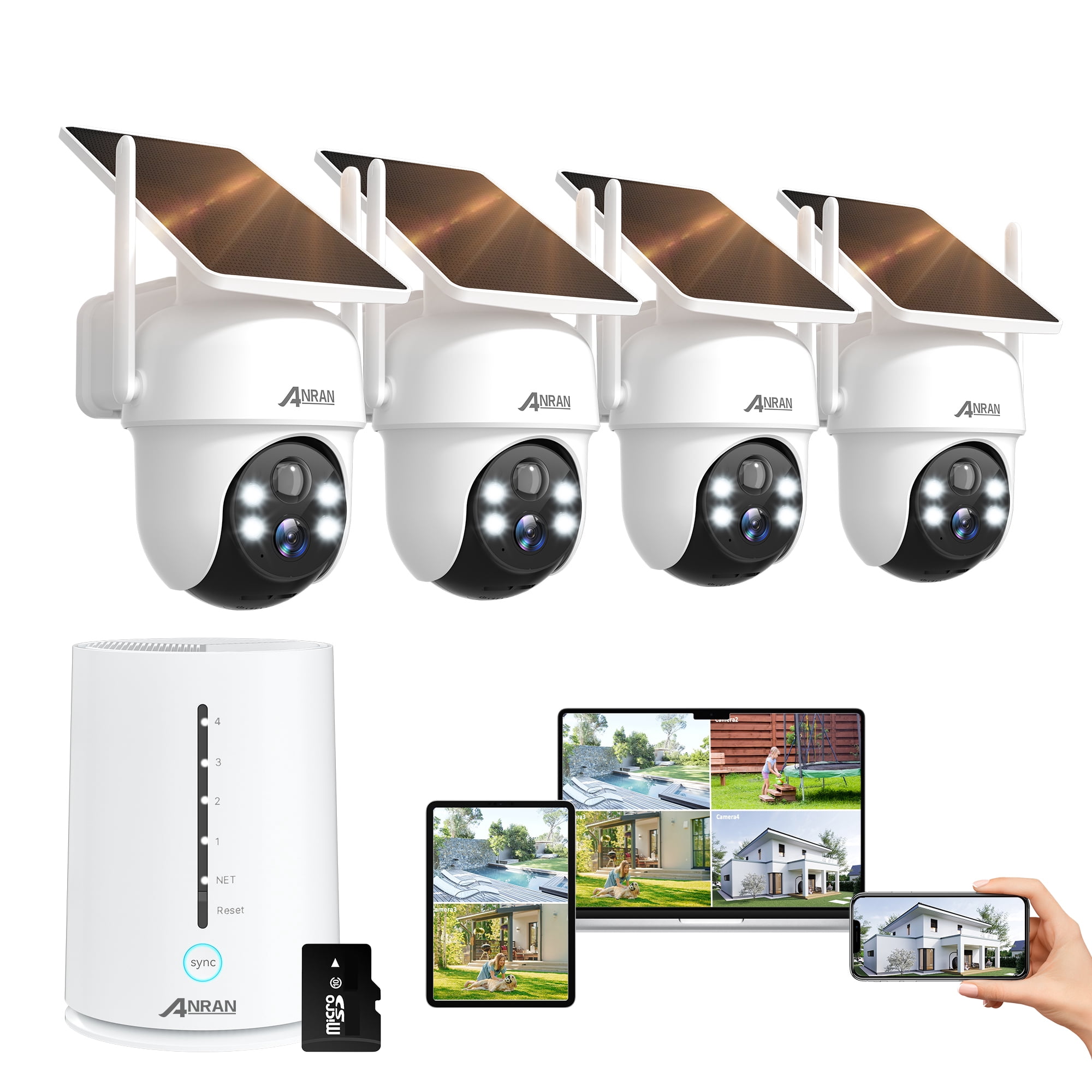 ANRAN 2K/4MP Solar Security Camera with Base Station, Spotlight, Expandable Local Storage, No Monthly Fee, 360° View Wireless Outdoor Camera, Waterproof PIR Detection, Home Surveillance System Camera