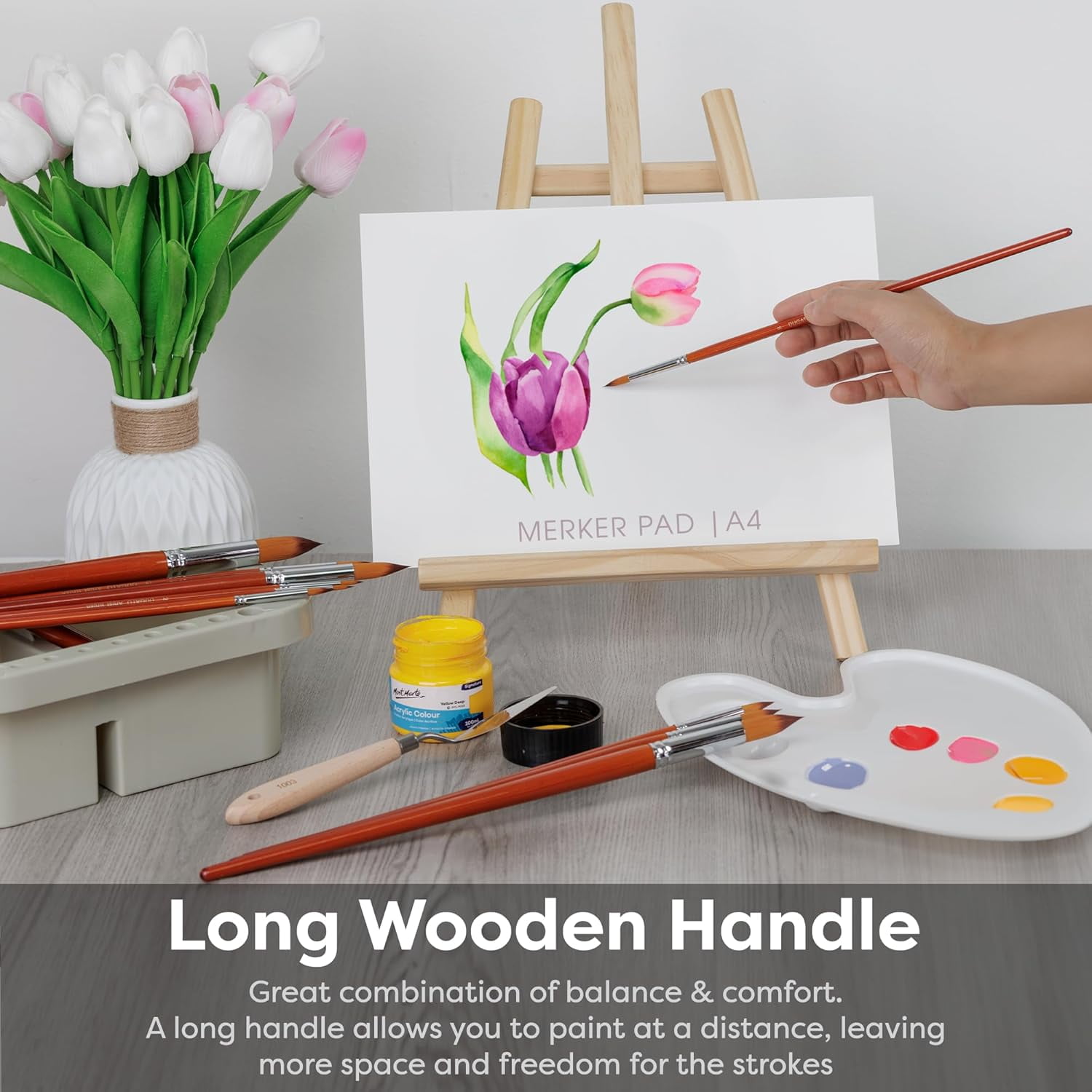 JJEAN-Professional Artist Round Paint Brush Set (13pc) - Long Handle Round Pointed Tip, Anti-Shedding Nylon for Watercolor, Acrylic, Oil, Gouache, Ink & Tempera