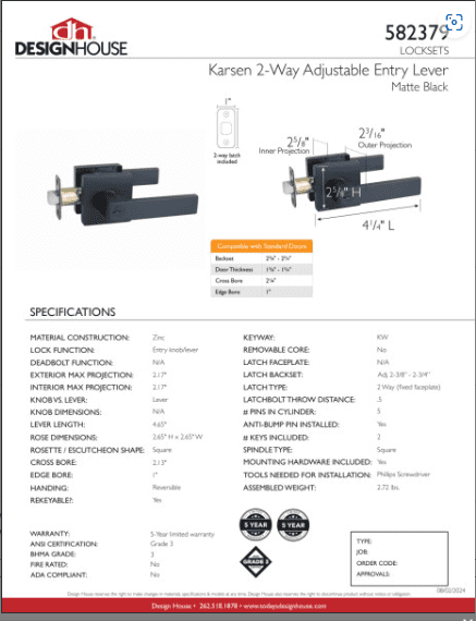 Design House Karsen Modern Interior/Exterior 2-Way Adjustable Keyed Entry Lever, Matte Black