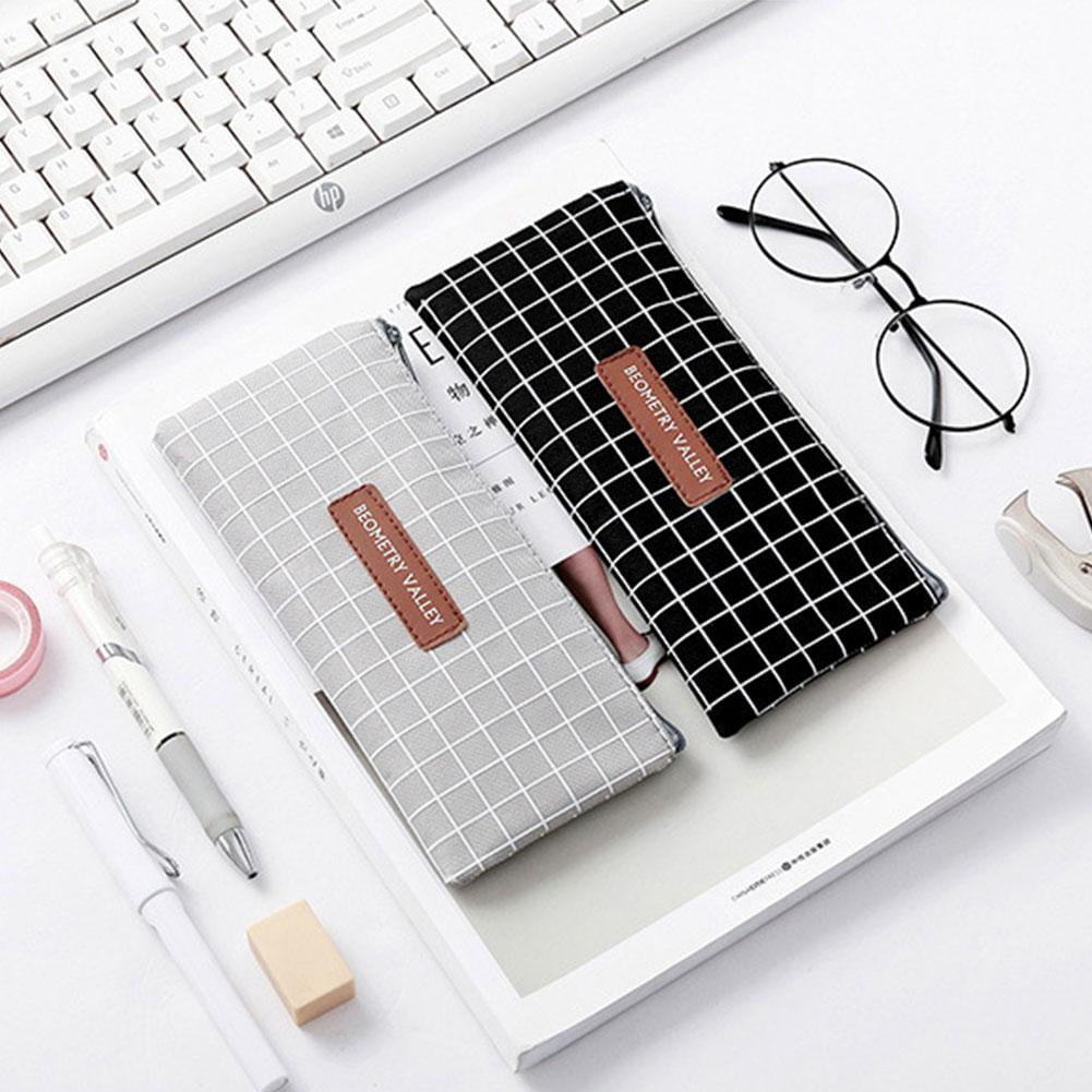 Pencil Case Student Plaid Square Pencil Bag Large Capacity Canvas Pencil Case