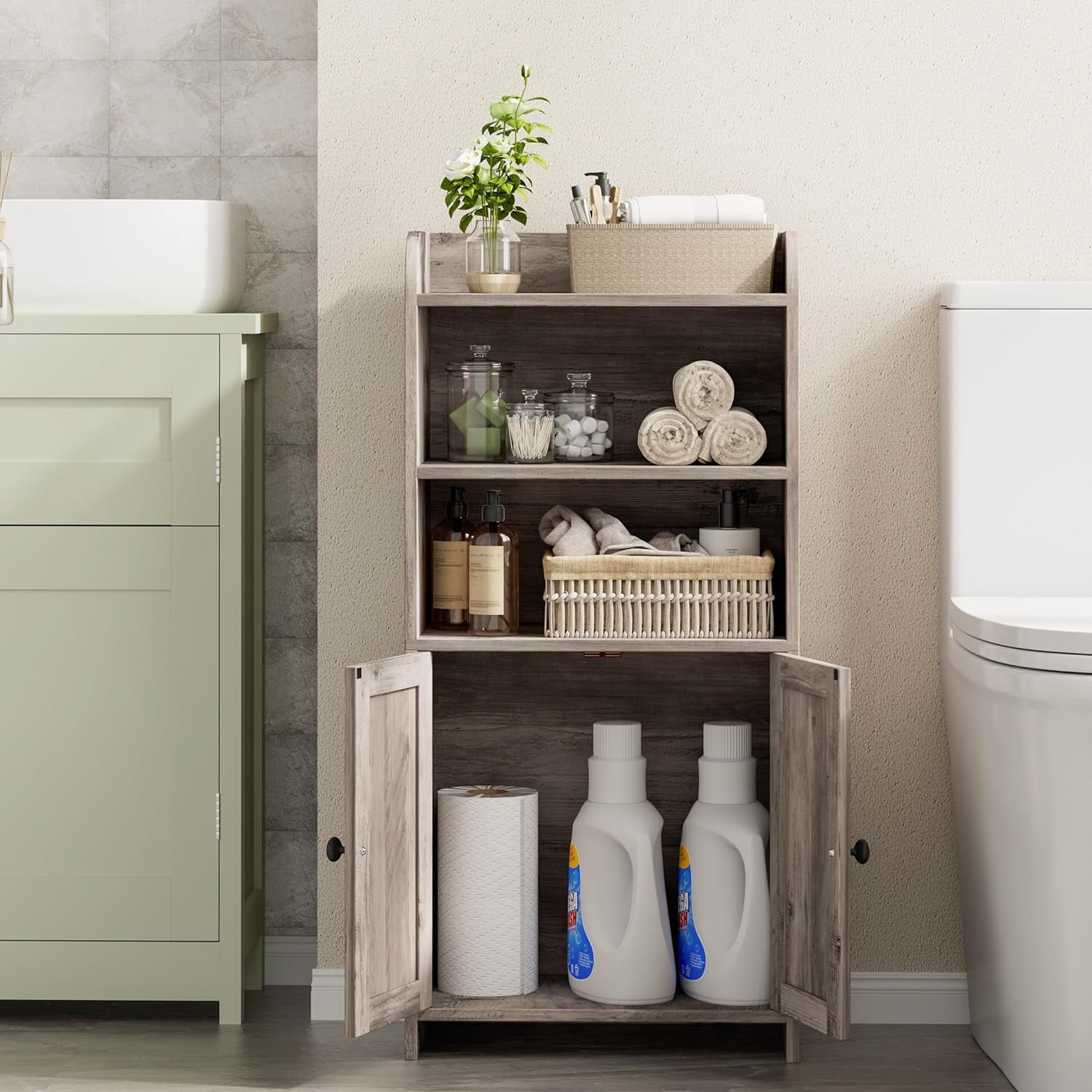 Small Bathroom Storage Cabinet, Freestanding Toilet Paper Storage with 2 Doors and Shelves, Bathroom Organizers and Storage for Small Spaces, Laundry Room, 7.9" D x 14.6" W x 31" H, Greige