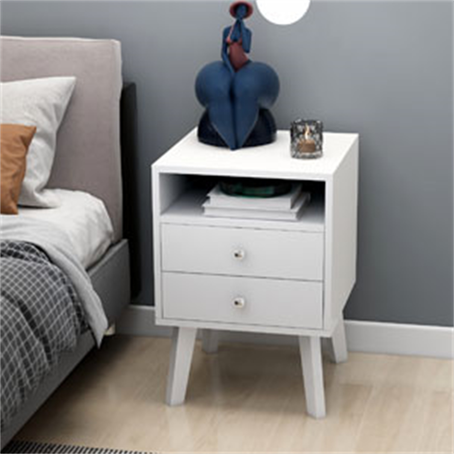 Nightstand with 2 Storage Drawers and Open Shelves, MidCentury Modern