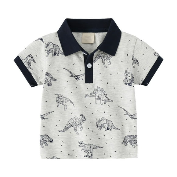 Nwiuh Kids Boys Polo Shirts for Toddler Short Sleeve Dinosaur Print Collared Shirt Blouse Little Boys Tee Cute Tops (Grey, 5-6 Years)