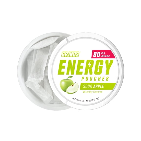 Grinds Energy Pouches, Nicotine-Free, 80mg Caffeine, Sour Apple, 18 Pouches (1 Can)