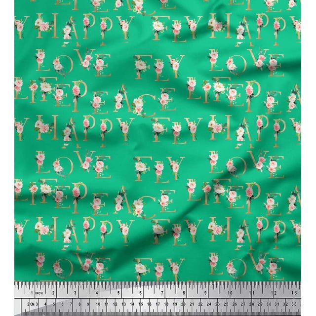 Tissu de Crêpe de polyester Vert Pomme Imprimé Floral et Texte par la Cour 52 Pouces de Large