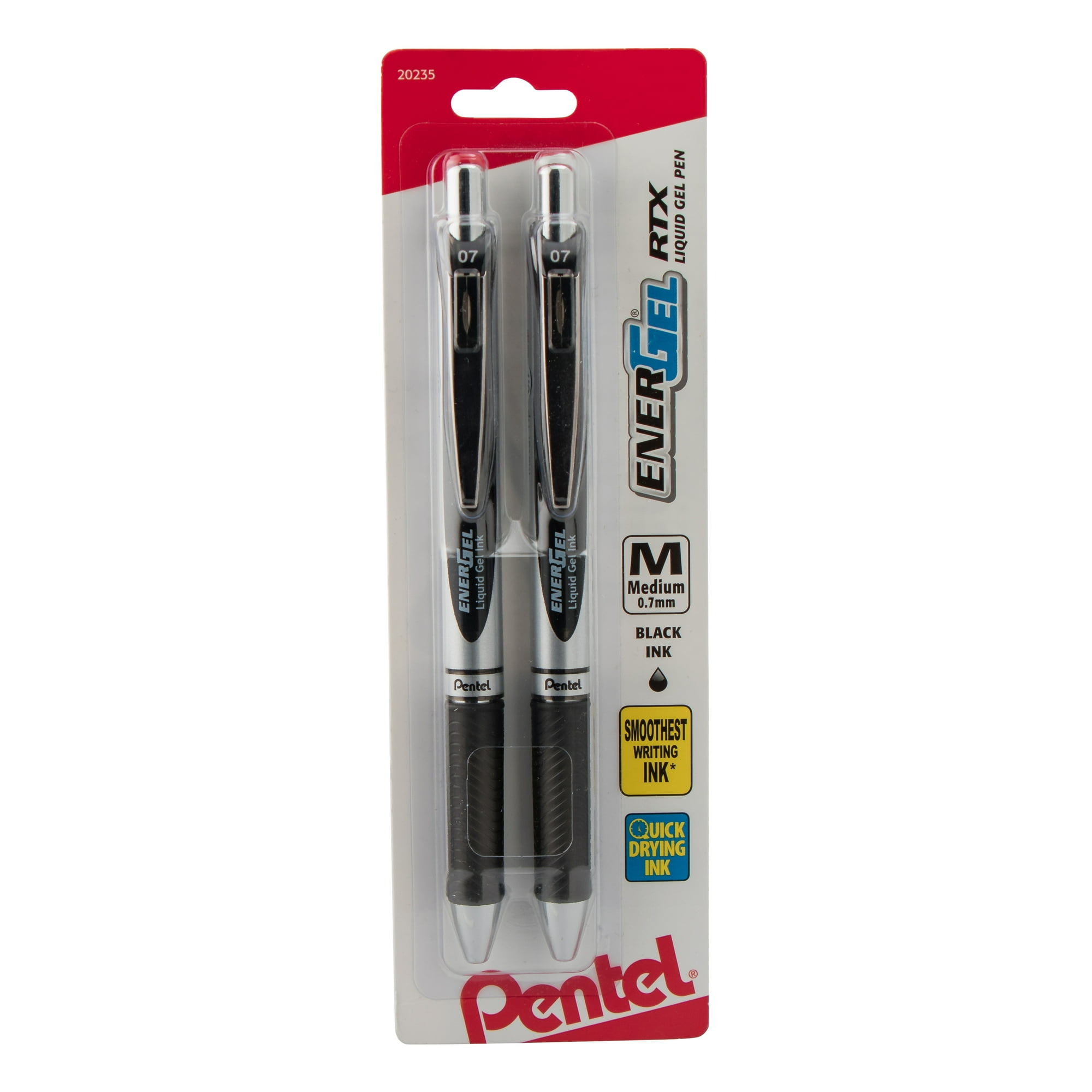 Pentel EnerGel RTX Retractable Liquid Gel Pen, (0.7mm) Metal Tip, Medium Line, Black Ink, 2 Each, for Adults, Teens, Children and Seniors