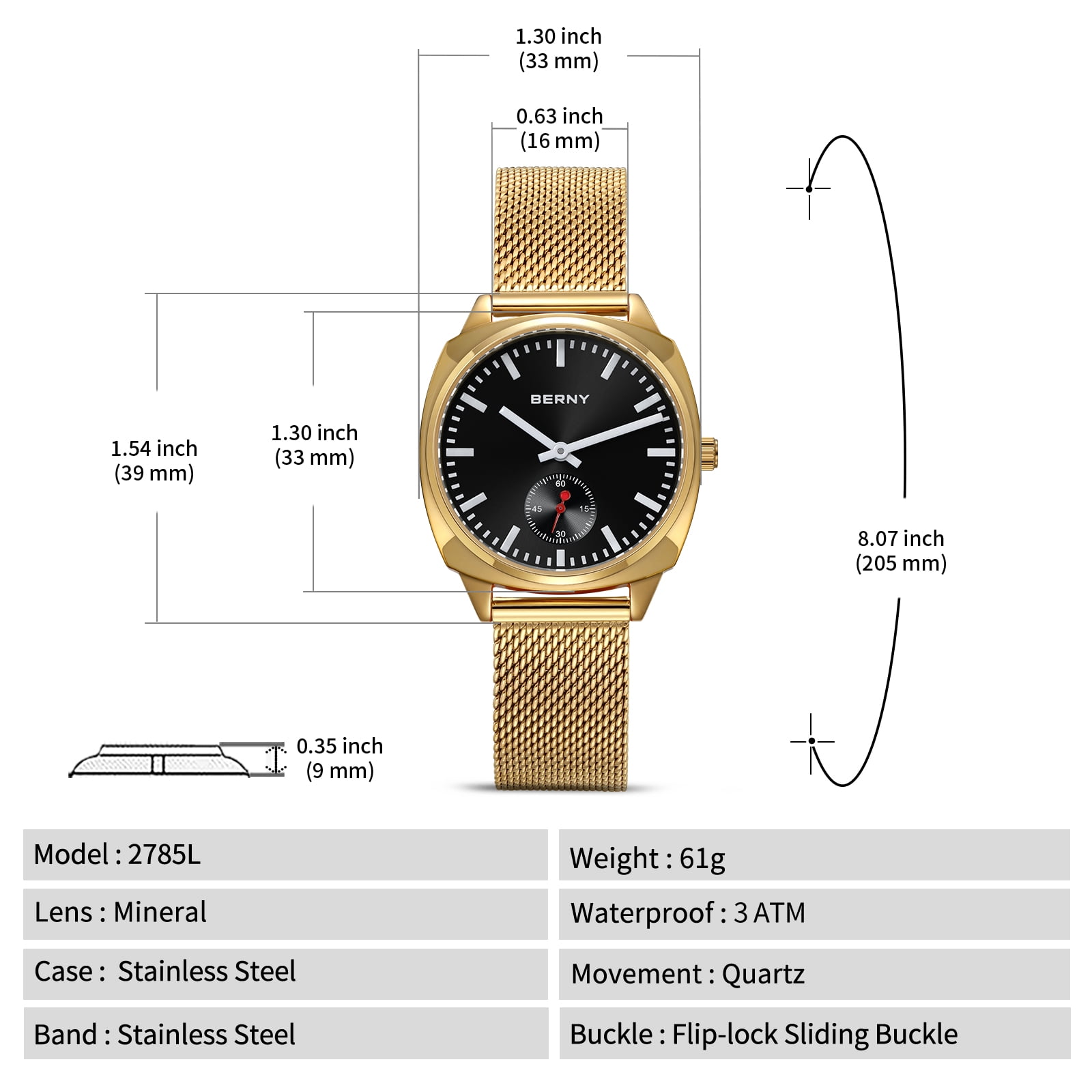 BERNY Gold Watch for Women, Casual Analog Women's Quartz Watch with Stainless Steel Mesh Band, Small Seconds Hand, 3ATM Water Resistant, Classic Ladies Wristwatch, Black