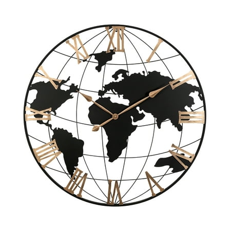 Wall Clocks 36 Inch Extra Giant Large Black Metal Wall Clock, Modern Silent World Map Wall Clock with Vintage Gold Roman Numeral, Decorative for Living Room, Entryway, Dinning Room, Bedroom,Table Clo