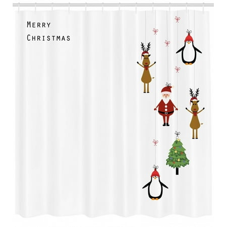 Christmas Shower Curtain Stylized Reindeers Santa Claus Penguins