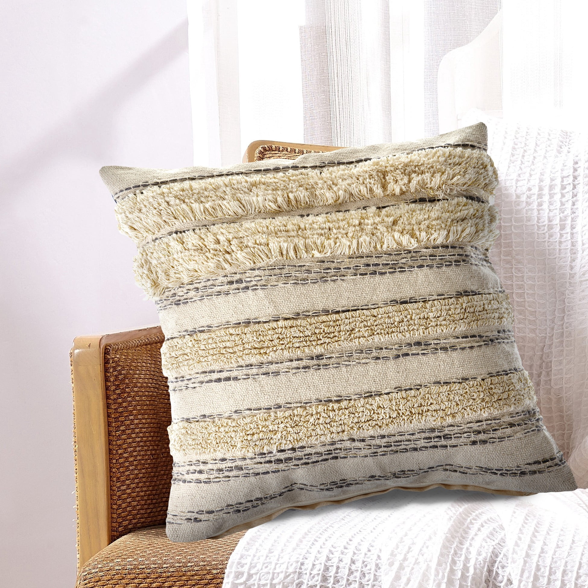 Ox Bay 20" x 20" Cream/Gray Shag Stripe Cotton Adult Decorative Throw Pillow Cover