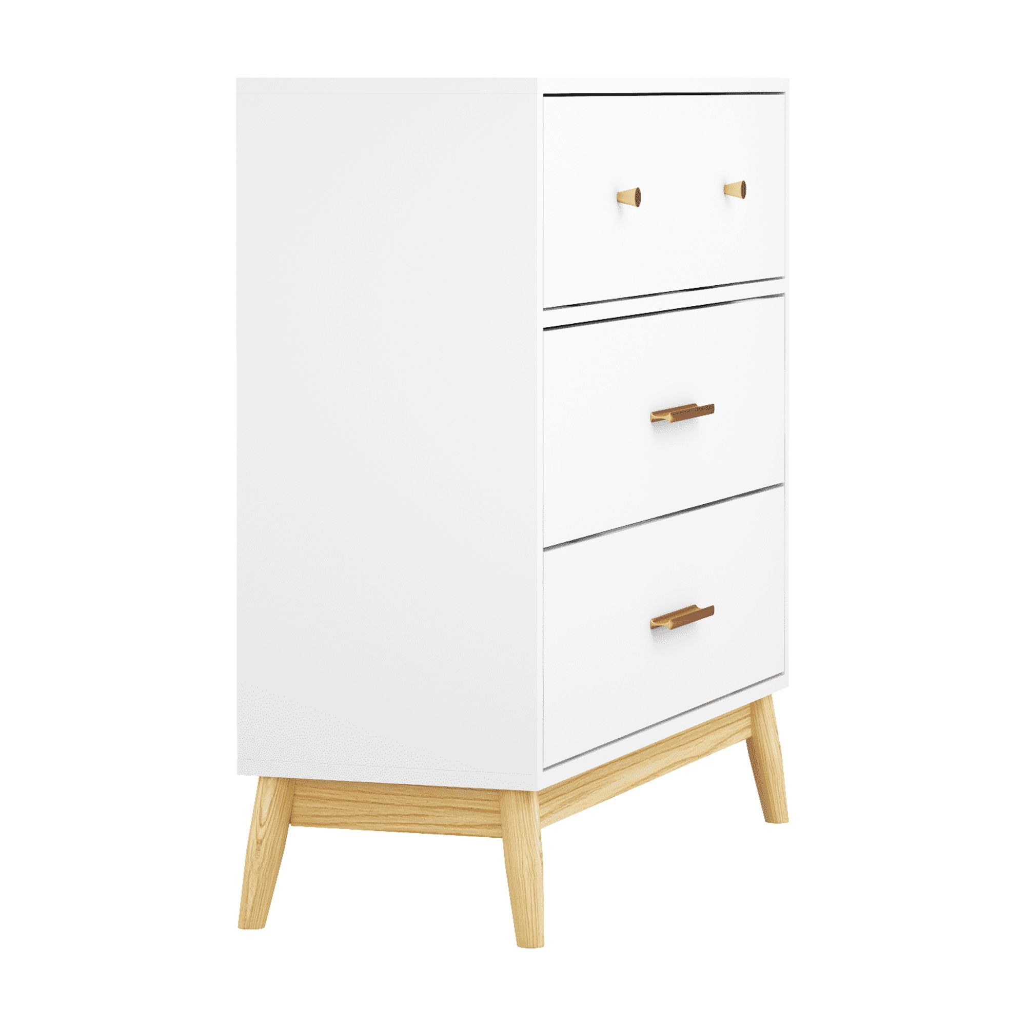 31.5-Inch Nordic Style 3-Drawer Storage Cabinet with Rose Gold Handles and Solid Wood Base, Modern Chest and Dresser for Office Kids Room, White and Natural