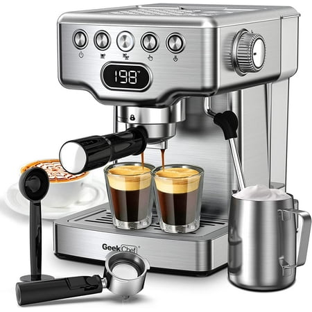 Geek Chef Espresso Machine 20 Bar Cappuccino Latte Maker Coffee Machine with Milk Frother Steam Wand, 1.5L Water Tank, Stainless Steel, Silver