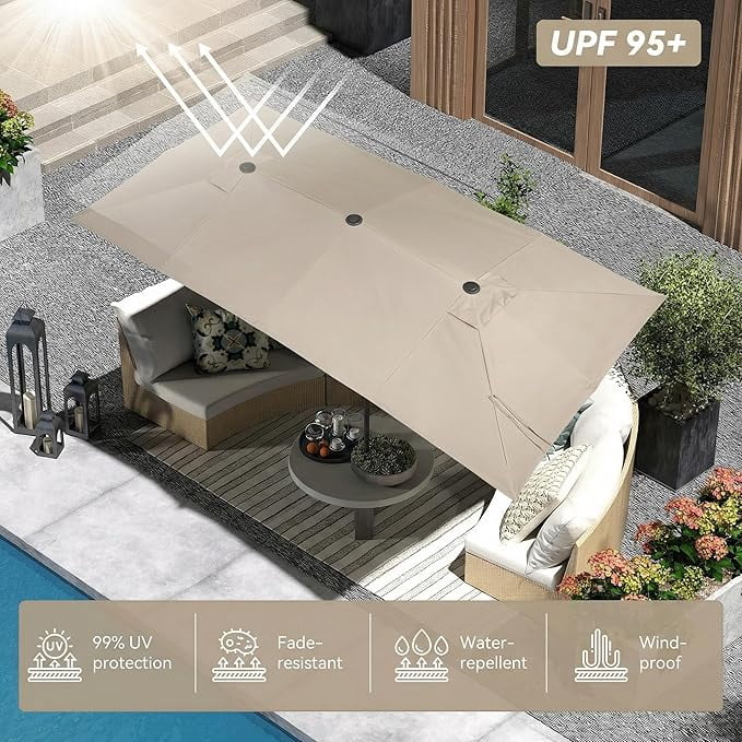 15×15ft Outdoor Patio Umbrella, Double Sided Market Rectangle Umbrella with Crank Handle, Large Sun Shade for Outside Deck, Backyard, Garden（Beige）