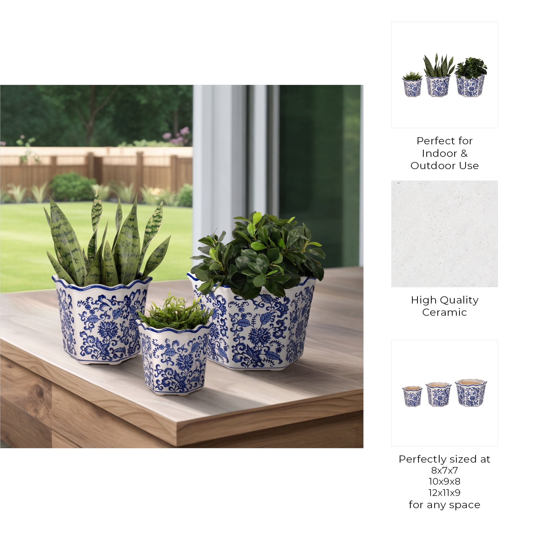 Chinoiserie Flower Pots for Home Decor - Stoneware Ceramic Bowls with Floral Design for Planters for Indoor and Outdoor Plants - Pots For Plants Accent for Garden - Set of 3, 9", 8", 7", Blue & White