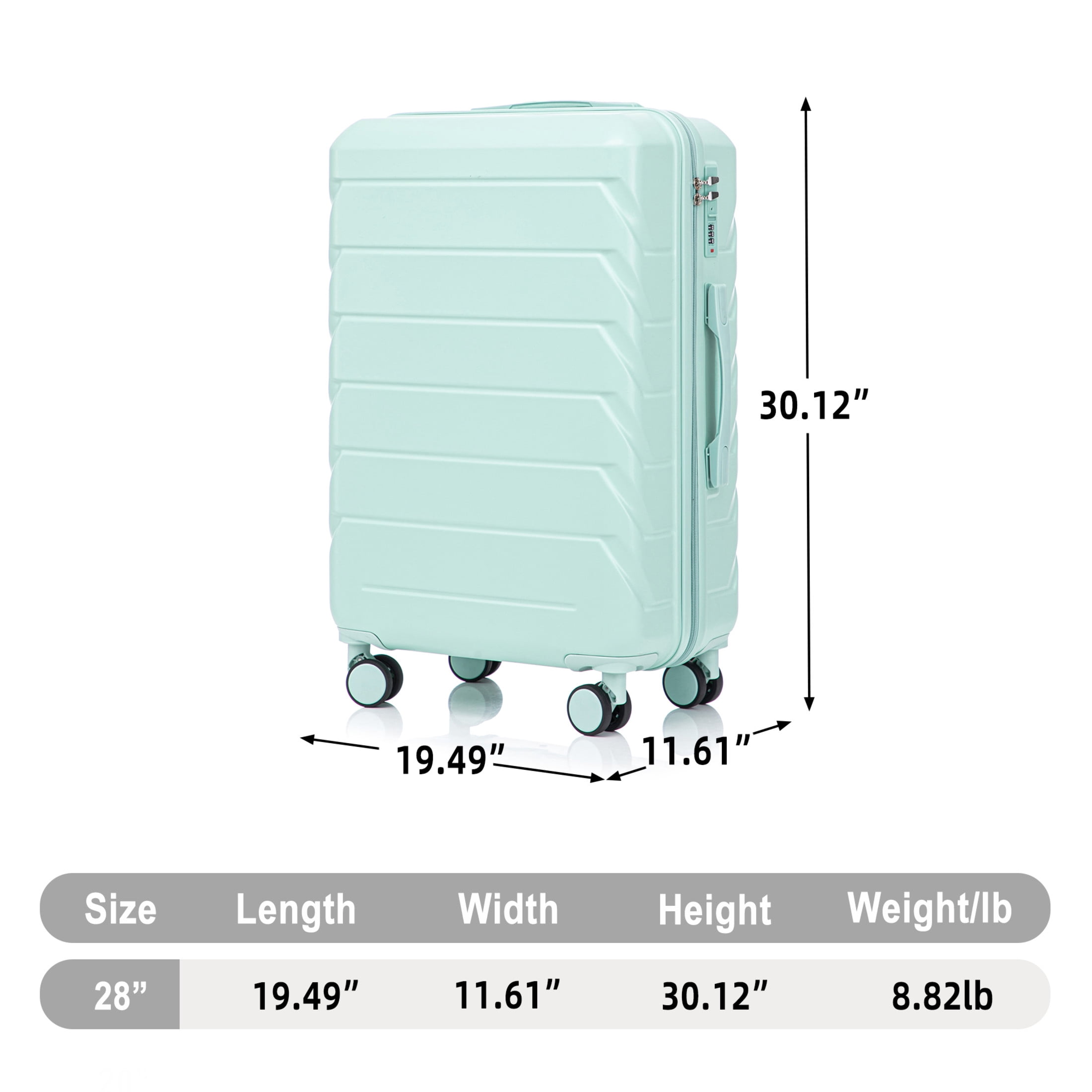 GDF Studio 28" Large Checked Luggage, Hardshell Scratch Resistant Suitcase with Side Hooks, Spinner Wheels, Mint Green