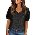 thumbnail image 3 of Laqbezok Women V-Neck Sequin Sparkly Velvet Short Puff Sleeve Party Top Fashion Sparkle Outfit, 3 of 6