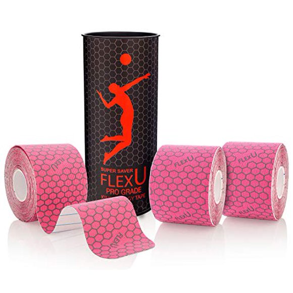 FlexU - Pink Kinesiology Tape; Super Saver 3 Roll Pack; 60 Pre-Cut 10 Inch Strips; Hypoallergenic Longer Lasting Pro Grade Synthetic Therapeutic Recovery Athletic Wrap Tape