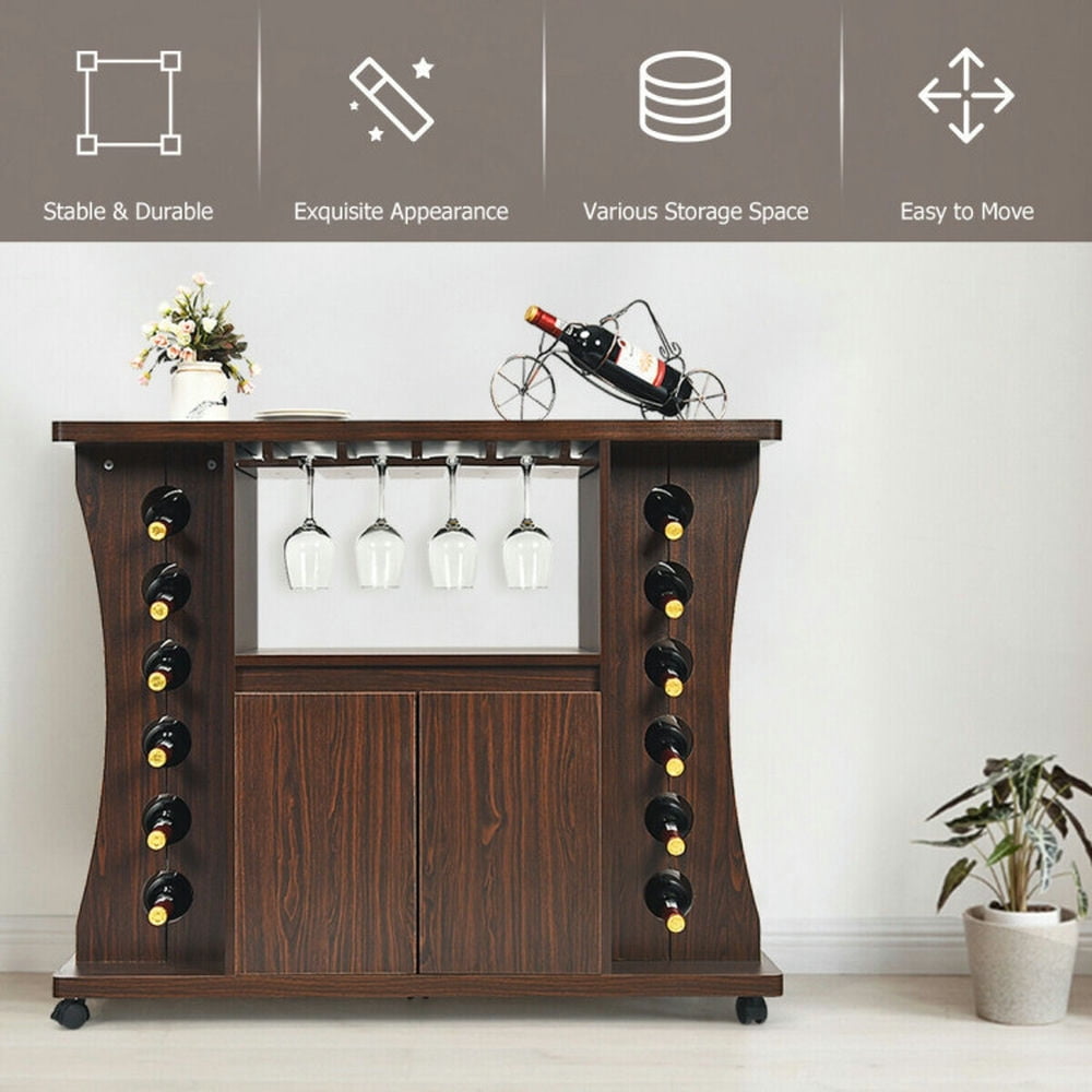 Finihen Rolling Storage Cabinet Cart, Kitchen Island Cart, Rolling Buffet Sideboard Wooden Bar Storage Cabinet, for Kitchen, Dining Room, Walnut Finihen Rolling Storage Cabinet Cart, Kitchen Island Cart, Rolling Buffet Sideboard Wooden Bar Storage Cabinet, for Kitchen, Dining Room, Walnut