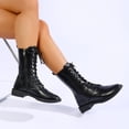 thumbnail image 6 of Women's Classic Lace Up Combat Mid Calf Boots Side Zipper Flat Low Heel Square Toe Smooth Faux Leather for Punk Style All Season Casual Outfits Black 41, 6 of 9