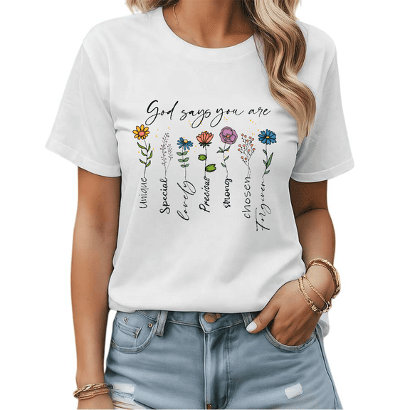 Vintage Christian Faith Flower Graphic Tees Womans T shirt Black White S-5XL Tops