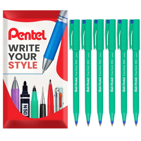 Pentel R50 Fine Point Liquid Ink Rollerball Pens - 0.8mm Tip - 77% Recycled - Blue - Pack of 6