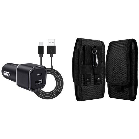 Holster and Car Charger Bundle for Sony Xperia 1 IV: Vertical Rugged Nylon Belt Pouch Case (Black) and Compact High Power 30W Dual USB Port (Type-C & USB-A) Auto Power Adapter