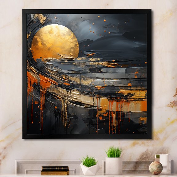 Designart "Marble Moon in Black and Orange II" Abstract Framed Wall Art Decor - Modern Black Abstract Modern Shapes Living Room Framed Canvas Art