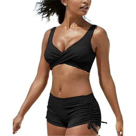 Rigardu Hot Sale!! Women s Two Piece Swimsuit Bathing Suits Camouflage High Waisted Beachwear Board Shorts Halter Tops Ladies Summer Colorful Print Beach Split Bikini Black Xxl
